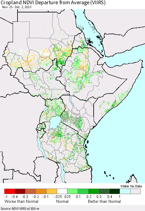 Eastern Africa Cropland NDVI Departure from Average (VIIRS) Thematic Map For 11/25/2023 - 12/2/2023