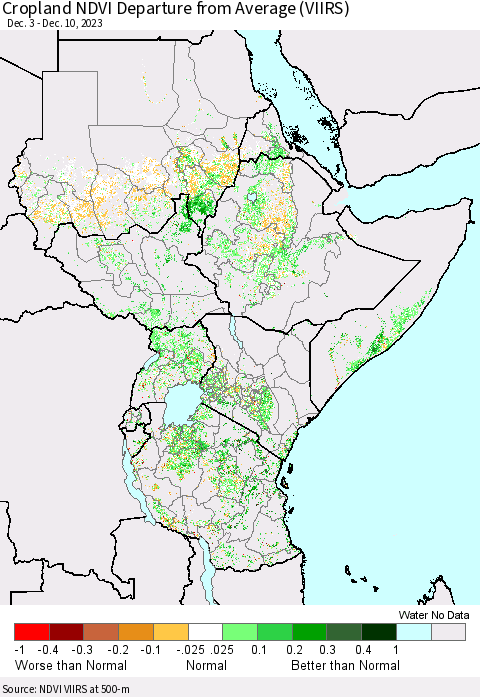 Eastern Africa Cropland NDVI Departure from Average (VIIRS) Thematic Map For 12/3/2023 - 12/10/2023