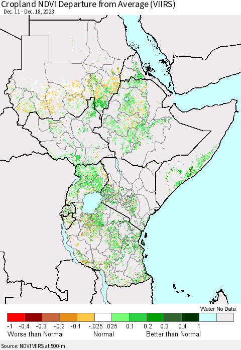 Eastern Africa Cropland NDVI Departure from Average (VIIRS) Thematic Map For 12/11/2023 - 12/18/2023