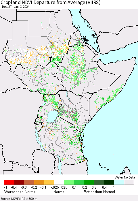 Eastern Africa Cropland NDVI Departure from Average (VIIRS) Thematic Map For 12/27/2023 - 1/3/2024