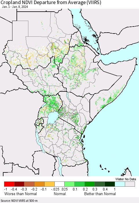 Eastern Africa Cropland NDVI Departure from Average (VIIRS) Thematic Map For 1/1/2024 - 1/8/2024