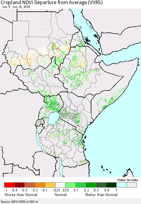 Eastern Africa Cropland NDVI Departure from Average (VIIRS) Thematic Map For 1/9/2024 - 1/16/2024
