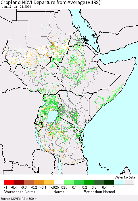 Eastern Africa Cropland NDVI Departure from Average (VIIRS) Thematic Map For 1/17/2024 - 1/24/2024