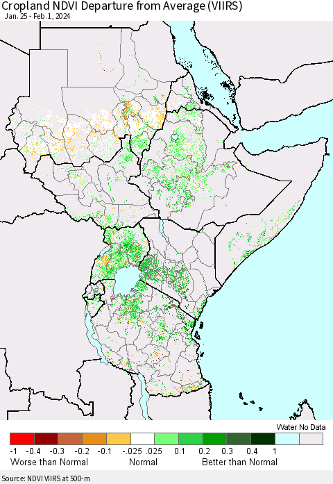 Eastern Africa Cropland NDVI Departure from Average (VIIRS) Thematic Map For 1/25/2024 - 2/1/2024