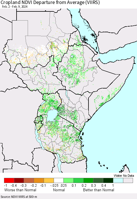 Eastern Africa Cropland NDVI Departure from Average (VIIRS) Thematic Map For 2/2/2024 - 2/9/2024
