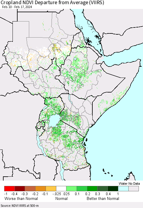 Eastern Africa Cropland NDVI Departure from Average (VIIRS) Thematic Map For 2/10/2024 - 2/17/2024