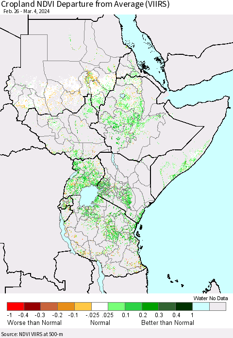 Eastern Africa Cropland NDVI Departure from Average (VIIRS) Thematic Map For 2/26/2024 - 3/4/2024