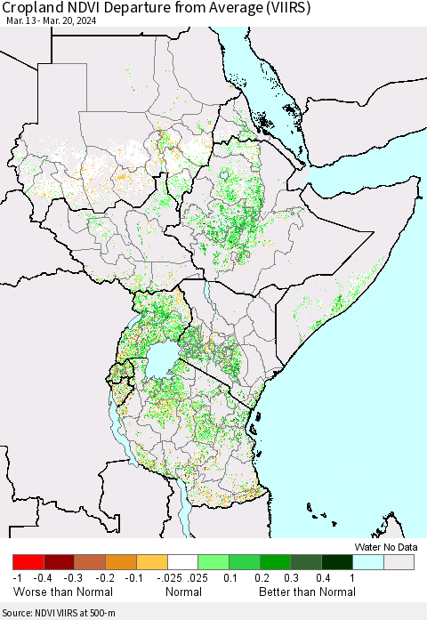 Eastern Africa Cropland NDVI Departure from Average (VIIRS) Thematic Map For 3/13/2024 - 3/20/2024