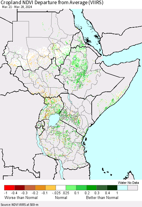 Eastern Africa Cropland NDVI Departure from Average (VIIRS) Thematic Map For 3/21/2024 - 3/28/2024