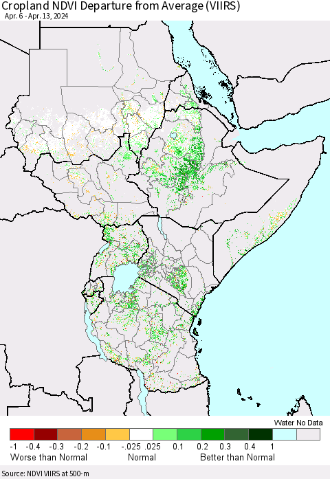 Eastern Africa Cropland NDVI Departure from Average (VIIRS) Thematic Map For 4/6/2024 - 4/13/2024