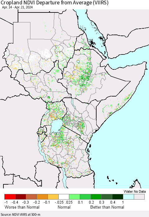 Eastern Africa Cropland NDVI Departure from Average (VIIRS) Thematic Map For 4/14/2024 - 4/21/2024