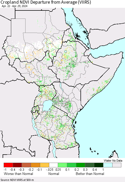 Eastern Africa Cropland NDVI Departure from Average (VIIRS) Thematic Map For 4/22/2024 - 4/29/2024