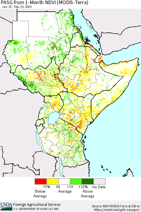 Eastern Africa PASG from 1-Month NDVI (Terra-MODIS) Thematic Map For 2/21/2019 - 2/28/2019