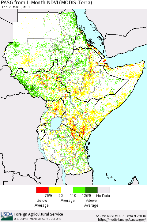 Eastern Africa PASG from 1-Month NDVI (Terra-MODIS) Thematic Map For 3/1/2019 - 3/10/2019