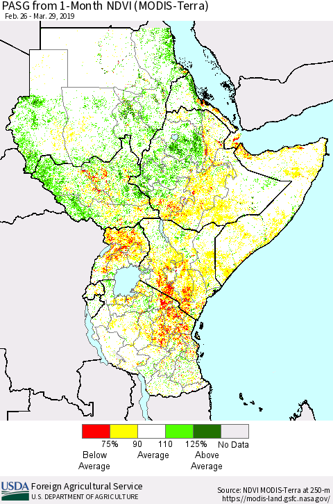 Eastern Africa PASG from 1-Month NDVI (Terra-MODIS) Thematic Map For 3/21/2019 - 3/31/2019