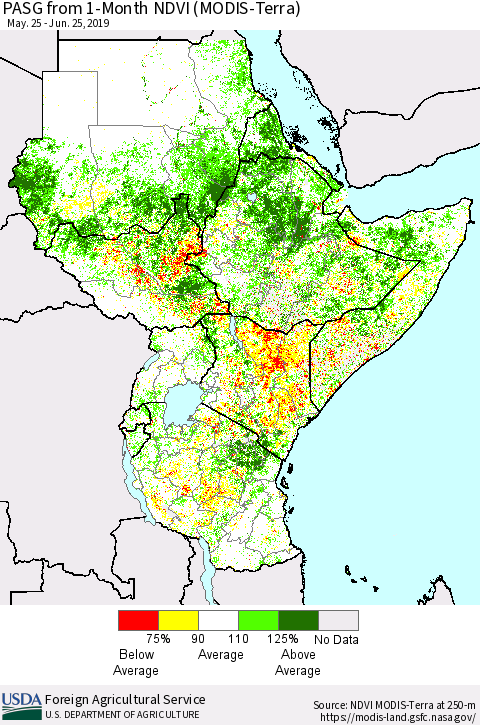 Eastern Africa PASG from 1-Month NDVI (Terra-MODIS) Thematic Map For 6/21/2019 - 6/30/2019