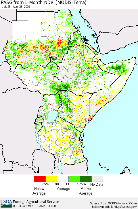 Eastern Africa PASG from 1-Month NDVI (Terra-MODIS) Thematic Map For 8/21/2019 - 8/31/2019