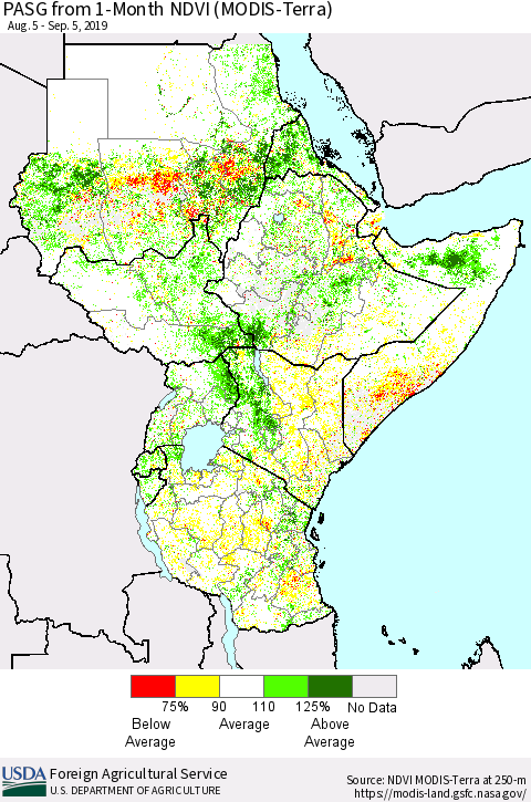 Eastern Africa PASG from 1-Month NDVI (Terra-MODIS) Thematic Map For 9/1/2019 - 9/10/2019