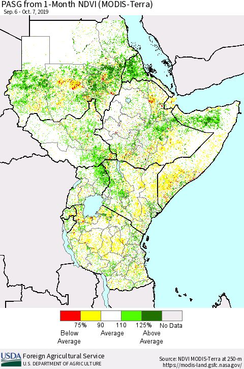Eastern Africa PASG from 1-Month NDVI (Terra-MODIS) Thematic Map For 10/1/2019 - 10/10/2019