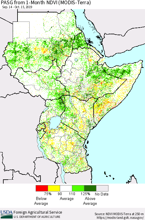 Eastern Africa PASG from 1-Month NDVI (Terra-MODIS) Thematic Map For 10/11/2019 - 10/20/2019