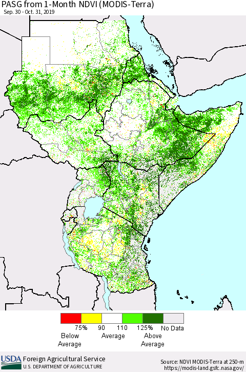 Eastern Africa PASG from 1-Month NDVI (Terra-MODIS) Thematic Map For 10/21/2019 - 10/31/2019