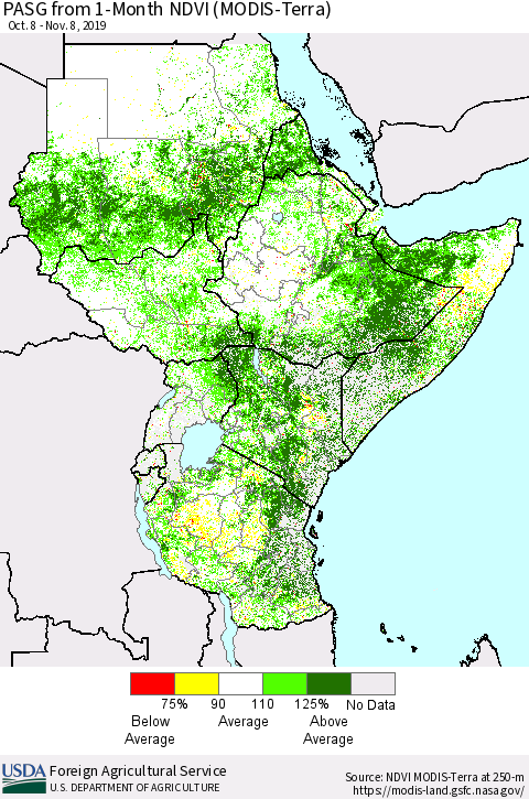 Eastern Africa PASG from 1-Month NDVI (Terra-MODIS) Thematic Map For 11/1/2019 - 11/10/2019