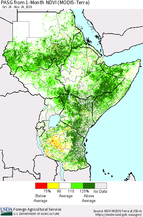 Eastern Africa PASG from 1-Month NDVI (Terra-MODIS) Thematic Map For 11/21/2019 - 11/30/2019