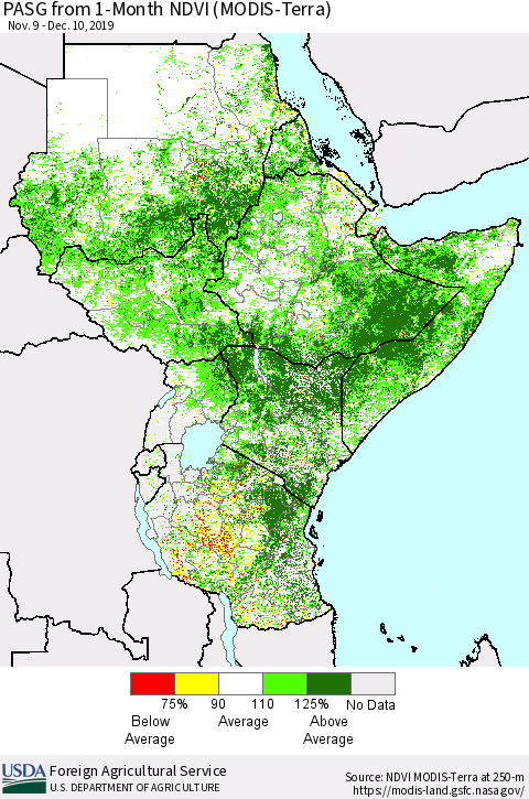 Eastern Africa PASG from 1-Month NDVI (Terra-MODIS) Thematic Map For 12/1/2019 - 12/10/2019