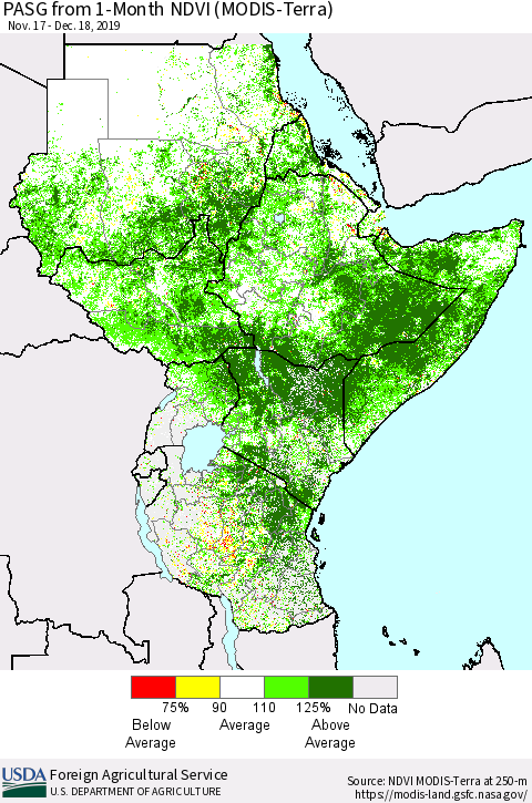 Eastern Africa PASG from 1-Month NDVI (Terra-MODIS) Thematic Map For 12/11/2019 - 12/20/2019