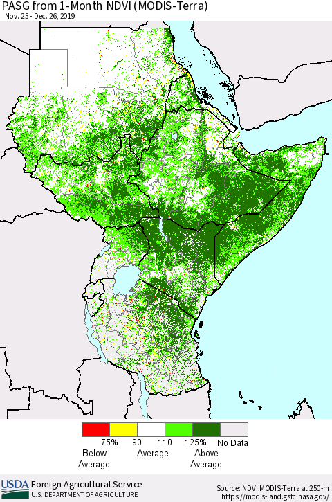 Eastern Africa PASG from 1-Month NDVI (Terra-MODIS) Thematic Map For 12/21/2019 - 12/31/2019