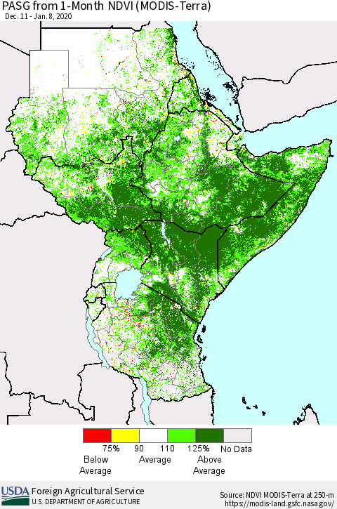 Eastern Africa PASG from 1-Month NDVI (Terra-MODIS) Thematic Map For 1/1/2020 - 1/10/2020