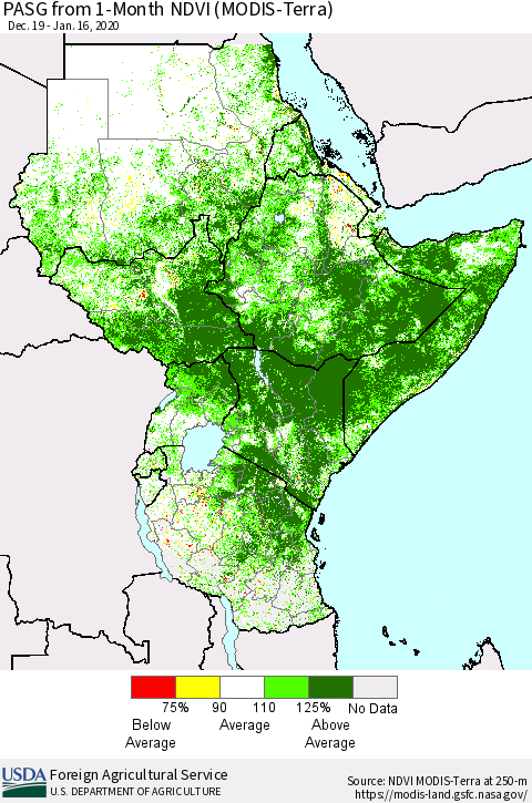 Eastern Africa PASG from 1-Month NDVI (Terra-MODIS) Thematic Map For 1/11/2020 - 1/20/2020
