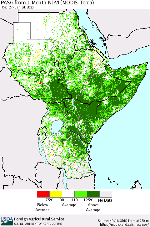 Eastern Africa PASG from 1-Month NDVI (Terra-MODIS) Thematic Map For 1/21/2020 - 1/31/2020