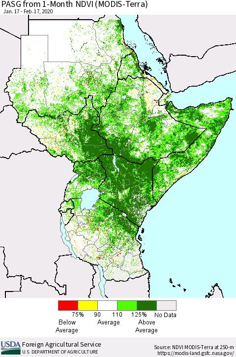 Eastern Africa PASG from 1-Month NDVI (Terra-MODIS) Thematic Map For 2/11/2020 - 2/20/2020