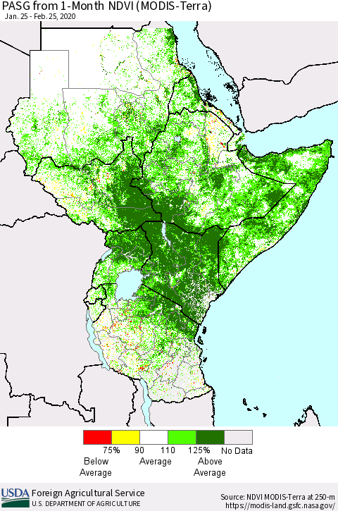 Eastern Africa PASG from 1-Month NDVI (Terra-MODIS) Thematic Map For 2/21/2020 - 2/29/2020
