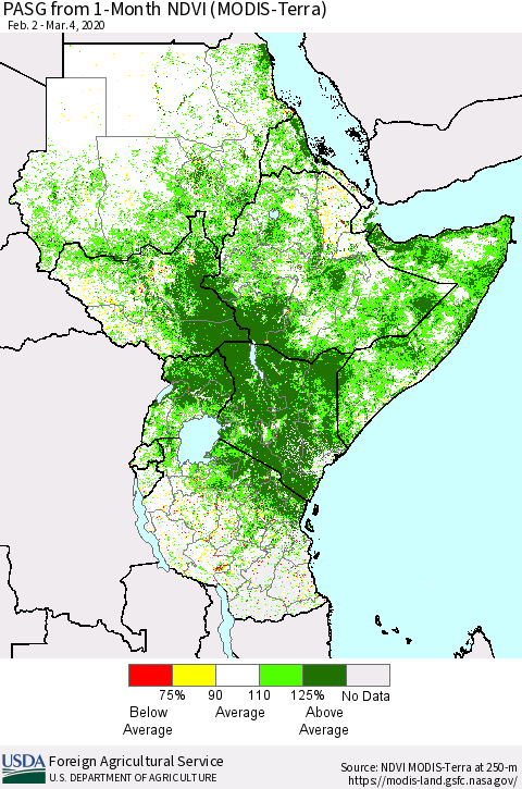 Eastern Africa PASG from 1-Month NDVI (Terra-MODIS) Thematic Map For 3/1/2020 - 3/10/2020