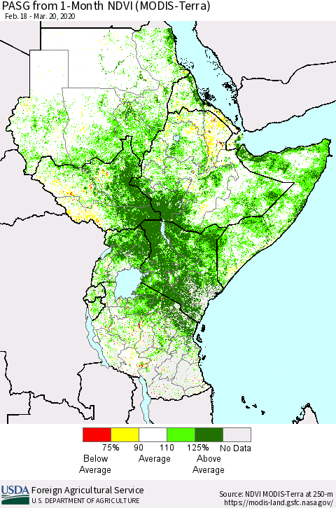 Eastern Africa PASG from 1-Month NDVI (Terra-MODIS) Thematic Map For 3/11/2020 - 3/20/2020