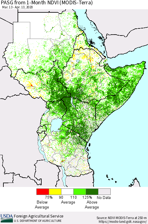 Eastern Africa PASG from 1-Month NDVI (Terra-MODIS) Thematic Map For 4/11/2020 - 4/20/2020