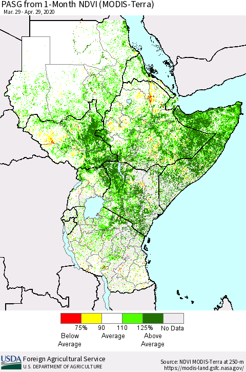 Eastern Africa PASG from 1-Month NDVI (Terra-MODIS) Thematic Map For 4/21/2020 - 4/30/2020