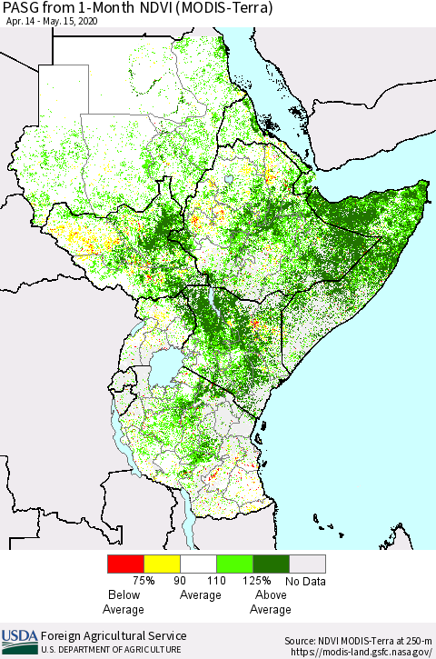 Eastern Africa PASG from 1-Month NDVI (Terra-MODIS) Thematic Map For 5/11/2020 - 5/20/2020