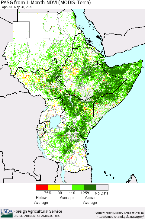 Eastern Africa PASG from 1-Month NDVI (Terra-MODIS) Thematic Map For 5/21/2020 - 5/31/2020