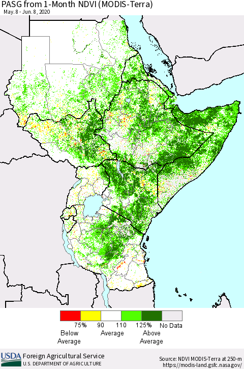 Eastern Africa PASG from 1-Month NDVI (Terra-MODIS) Thematic Map For 6/1/2020 - 6/10/2020