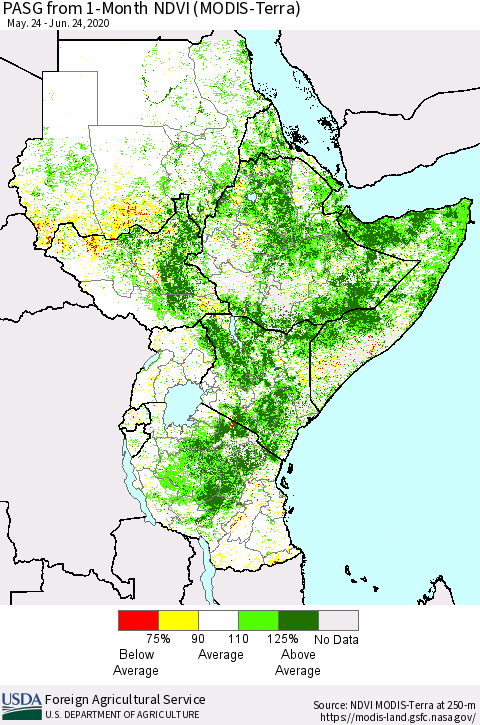 Eastern Africa PASG from 1-Month NDVI (Terra-MODIS) Thematic Map For 6/21/2020 - 6/30/2020