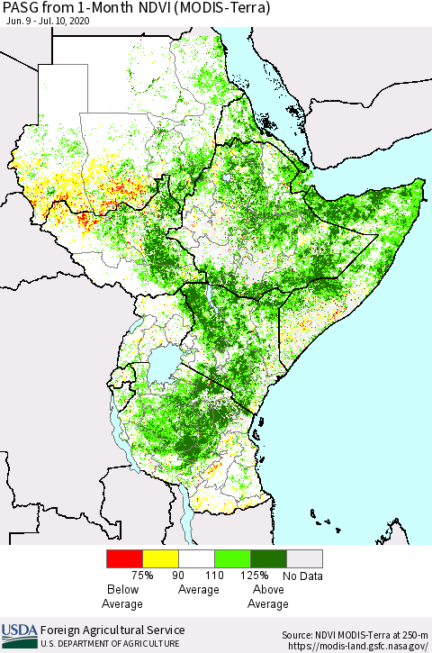 Eastern Africa PASG from 1-Month NDVI (Terra-MODIS) Thematic Map For 7/1/2020 - 7/10/2020