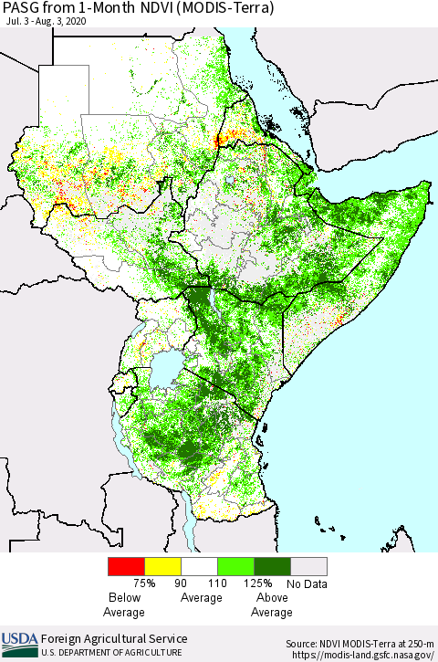 Eastern Africa PASG from 1-Month NDVI (Terra-MODIS) Thematic Map For 8/1/2020 - 8/10/2020