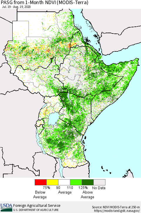 Eastern Africa PASG from 1-Month NDVI (Terra-MODIS) Thematic Map For 8/11/2020 - 8/20/2020