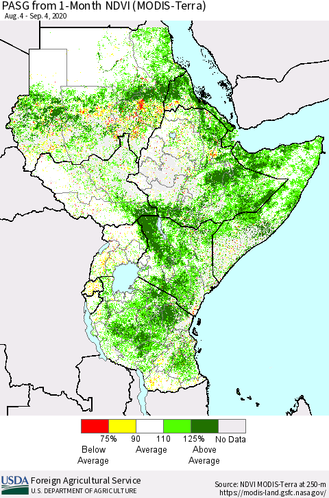 Eastern Africa PASG from 1-Month NDVI (Terra-MODIS) Thematic Map For 9/1/2020 - 9/10/2020