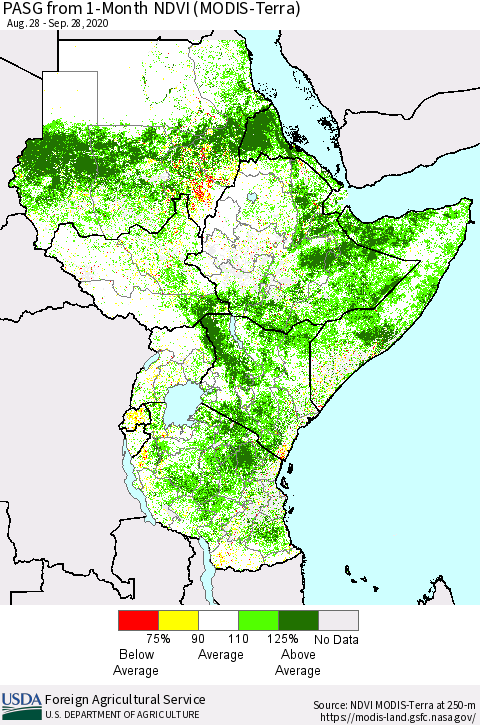 Eastern Africa PASG from 1-Month NDVI (Terra-MODIS) Thematic Map For 9/21/2020 - 9/30/2020