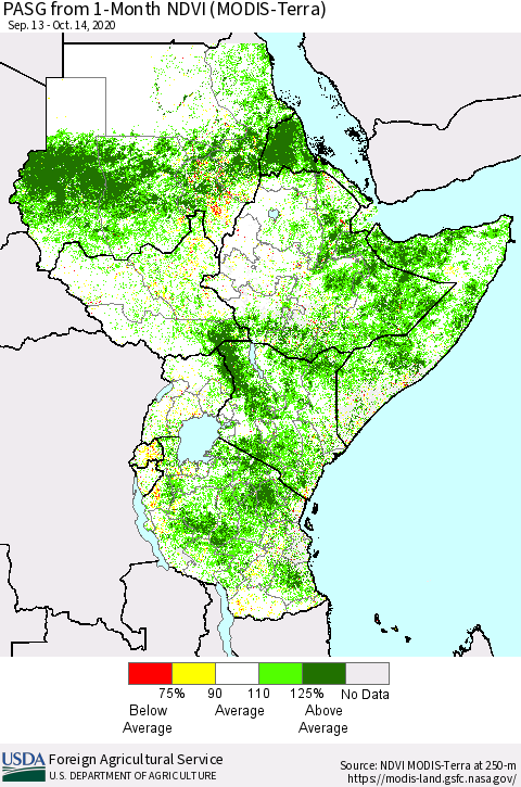 Eastern Africa PASG from 1-Month NDVI (Terra-MODIS) Thematic Map For 10/11/2020 - 10/20/2020