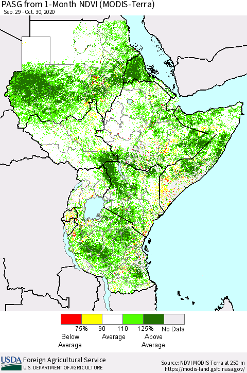 Eastern Africa PASG from 1-Month NDVI (Terra-MODIS) Thematic Map For 10/21/2020 - 10/31/2020